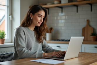 Femme assise à une table cuisine regarde simulation de prêt immobilier
