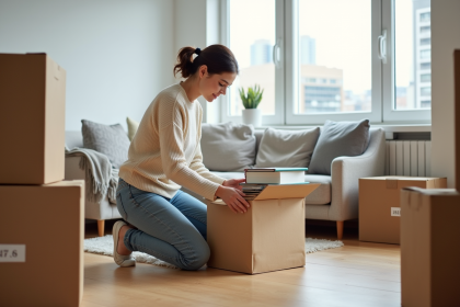 Femme organisant des cartons dans un salon lumineux