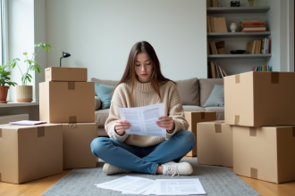 Jeune femme organisée avec papiers et cartons dans son salon