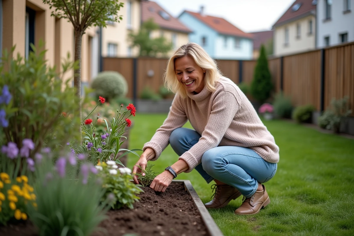 Femme plantant des fleurs dans un jardin privé en rez-de-jardin