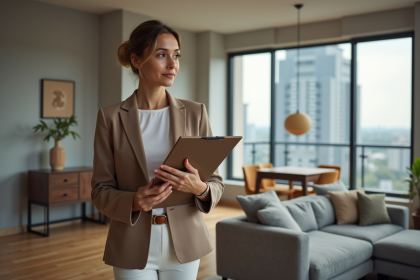 Femme en blazer dans un appartement moderne en reviewant des documents