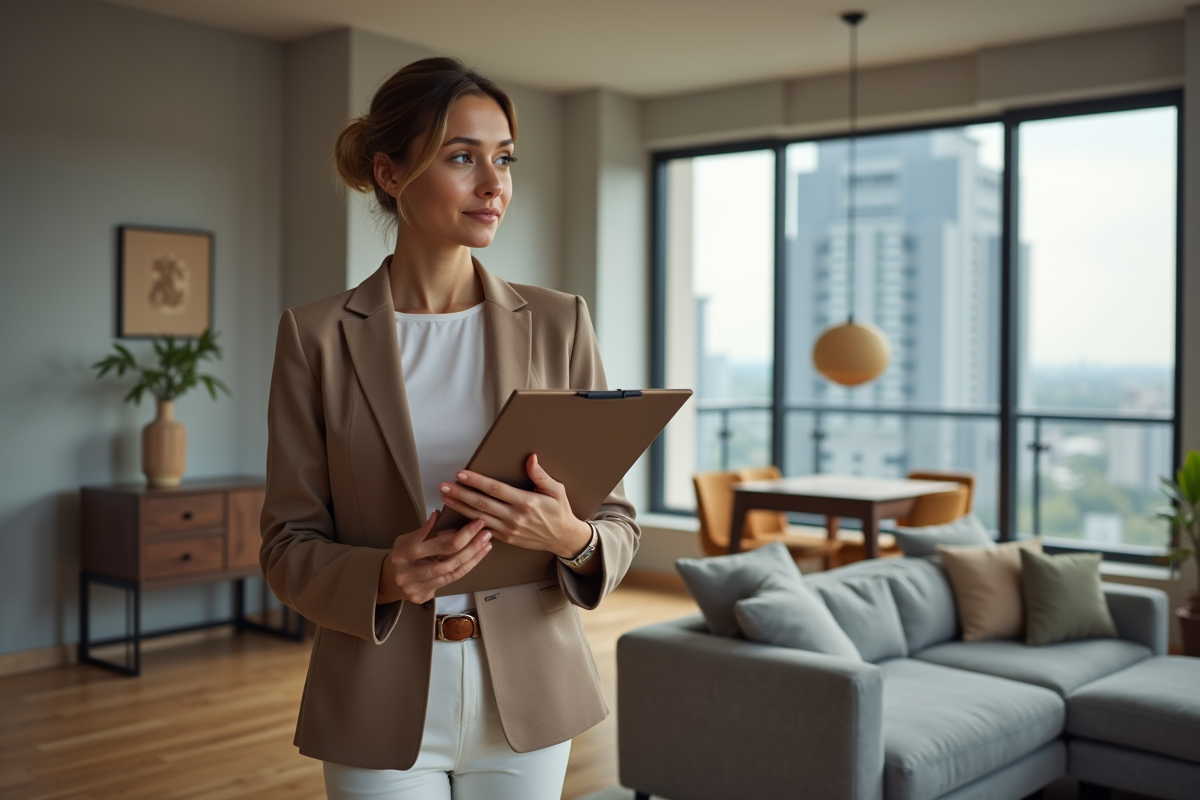 Femme en blazer dans un appartement moderne en reviewant des documents