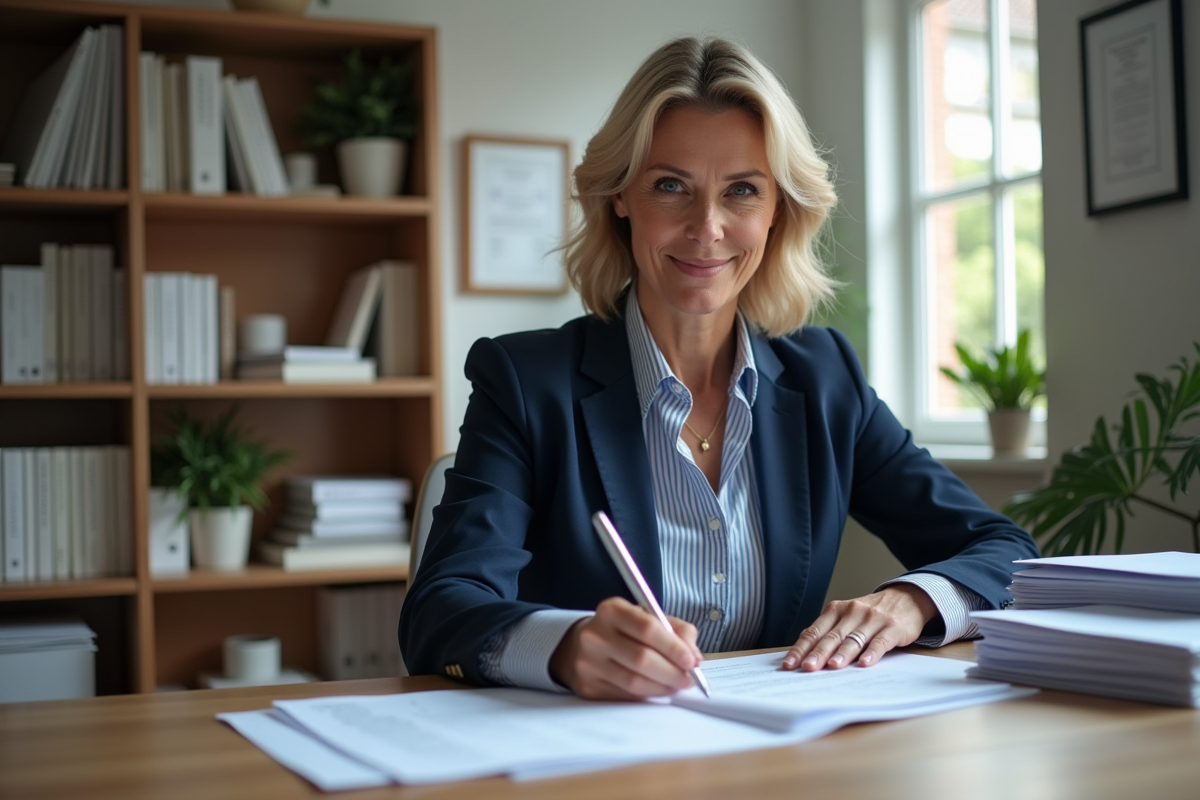 Femme professionnelle en bureau immobilier avec dossiers