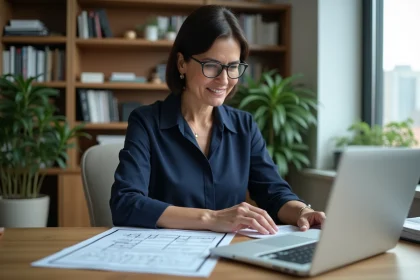 Femme professionnelle examinant documents de permis de construire