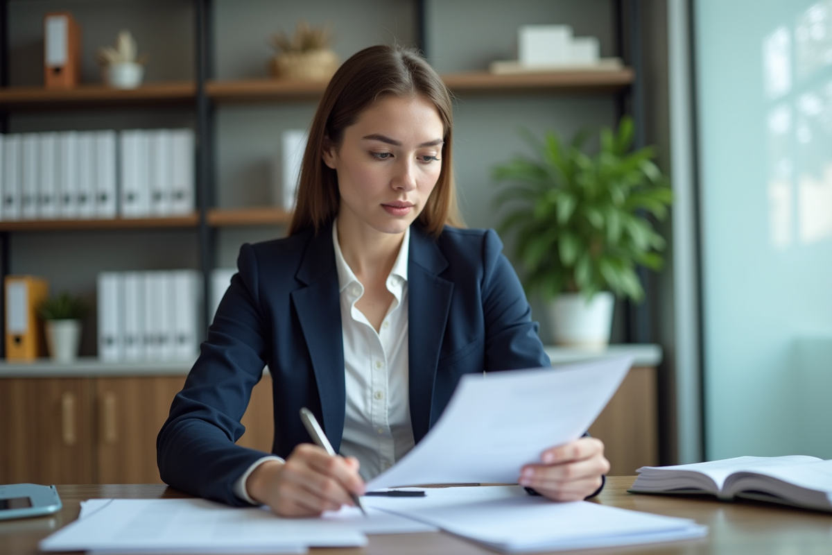Femme professionnelle en bureau de banque examine des documents