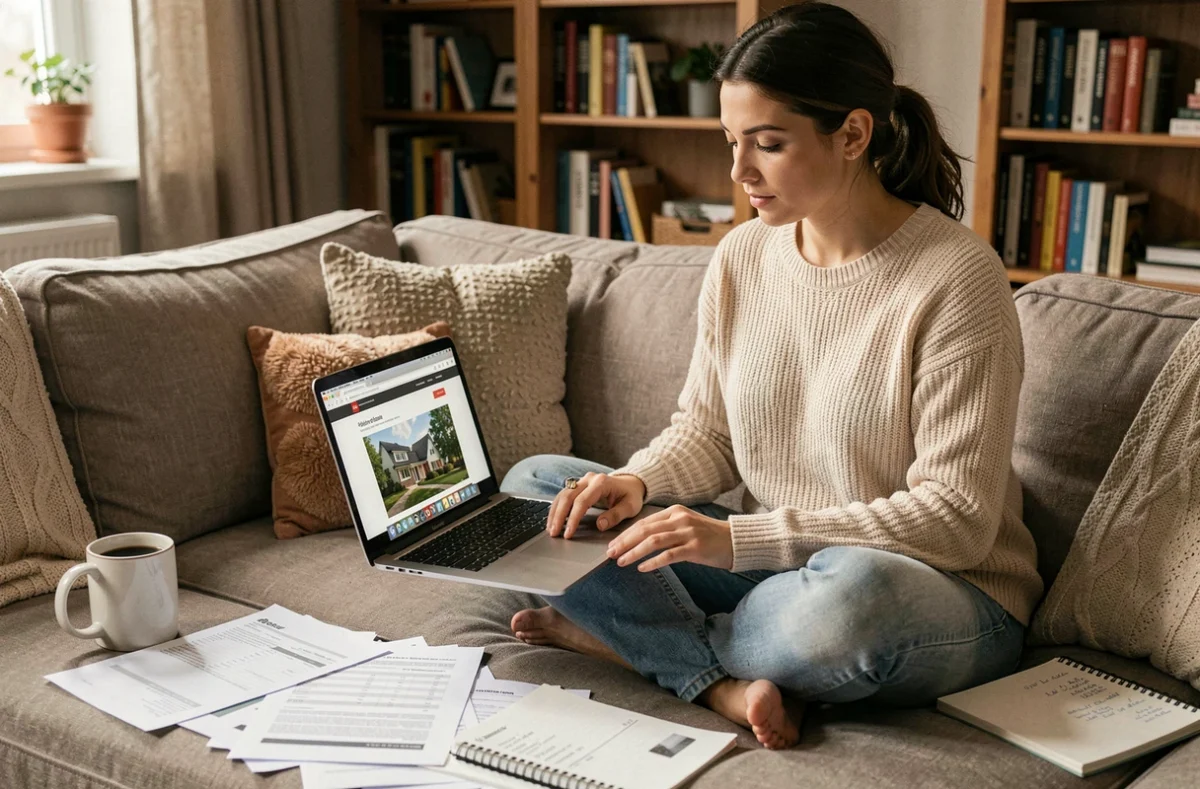 Jeune femme seule recherchant des informations sur une plateforme immobilière en ligne pour son premier achat depuis son appartement