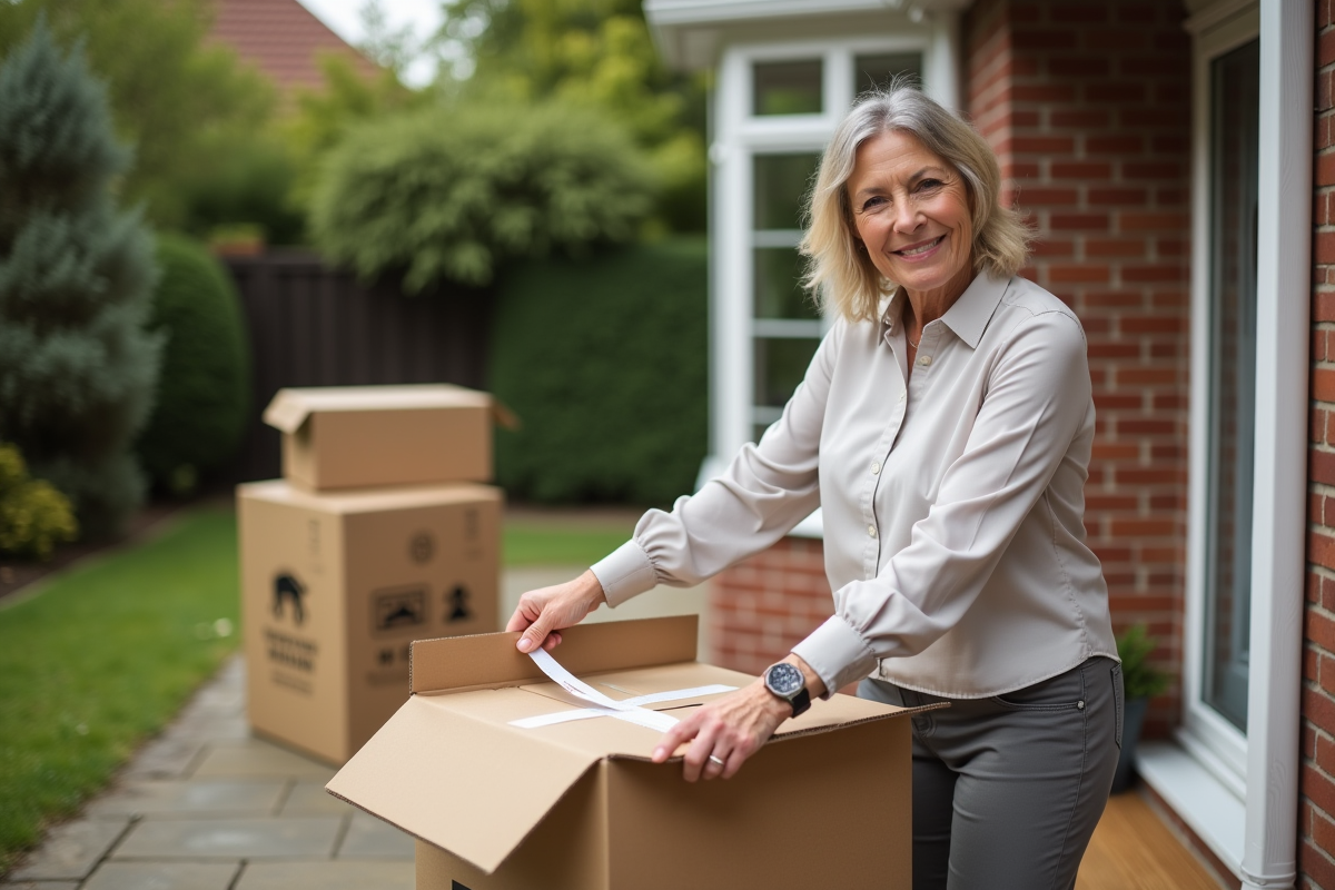 Femme ferme une box en carton devant une maison de banlieue