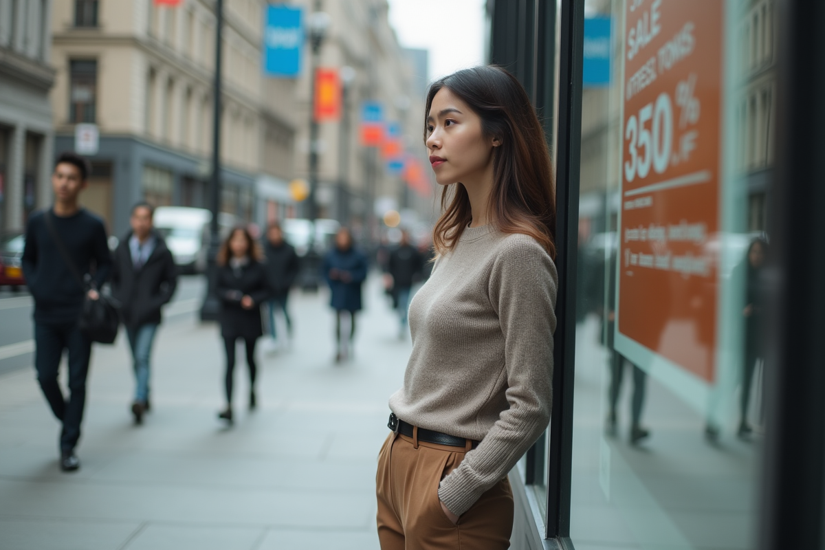 Jeune femme dans la rue urbaine regardant une affiche