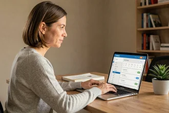Femme téléchargeant ses justificatifs de loyer sur le portail MyFoncia depuis son bureau à domicile