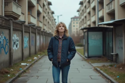 Femme d'âge moyen devant immeubles urbains usés