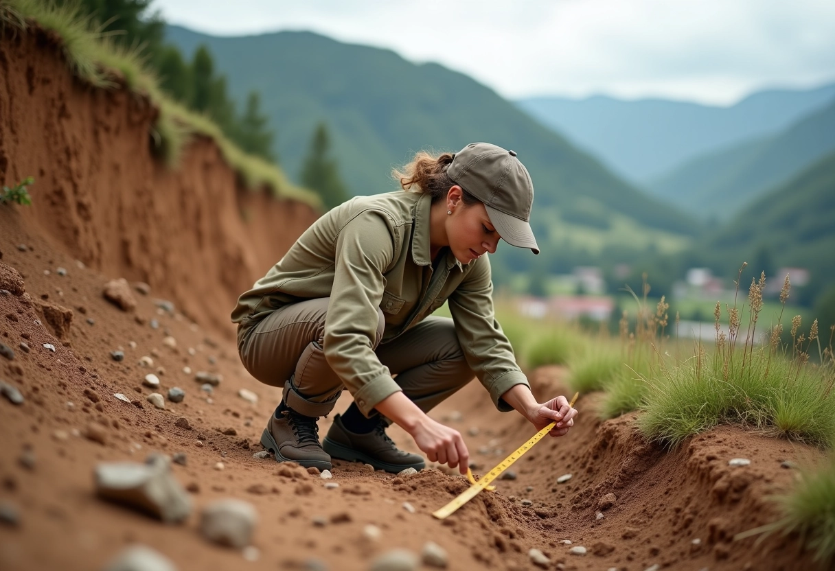 Jeune géologue observant des fissures dans la terre rurale