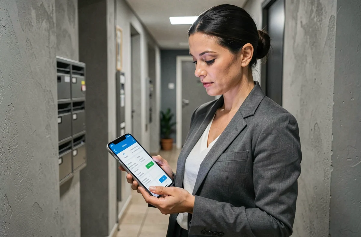 Gestionnaire immobilière comparant des offres d'assurance PNO sur une tablette dans un couloir d'immeuble