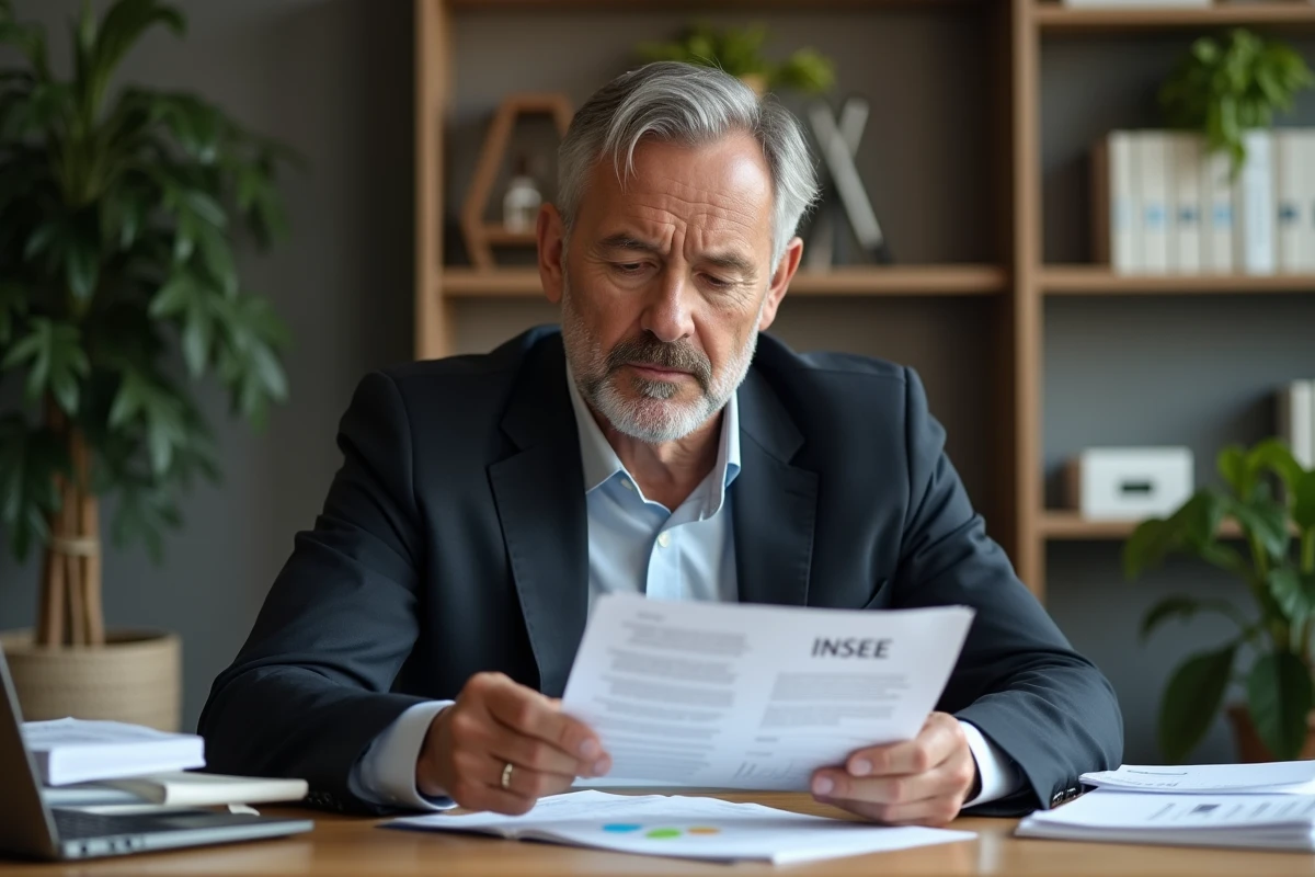 Gestionnaire immobilier lisant un contrat avec graphiques et INSEE