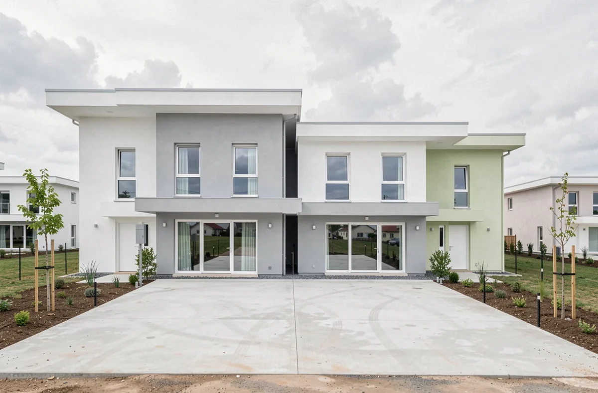 Projet résidentiel du Groupe BCMI en Vendée, deux maisons neuves mitoyennes avec facades gris clair et menuiseries aluminium