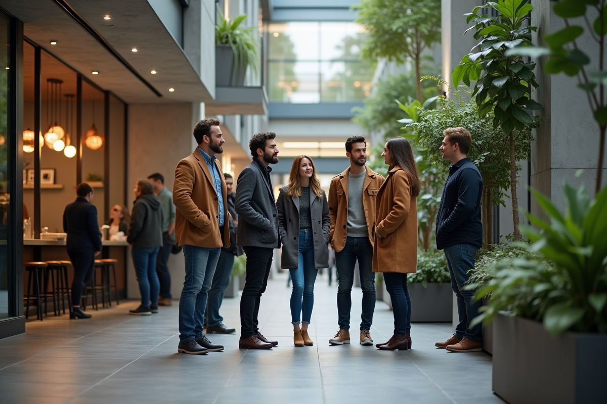 Groupe d'adultes divers dans un lobby moderne et lumineux
