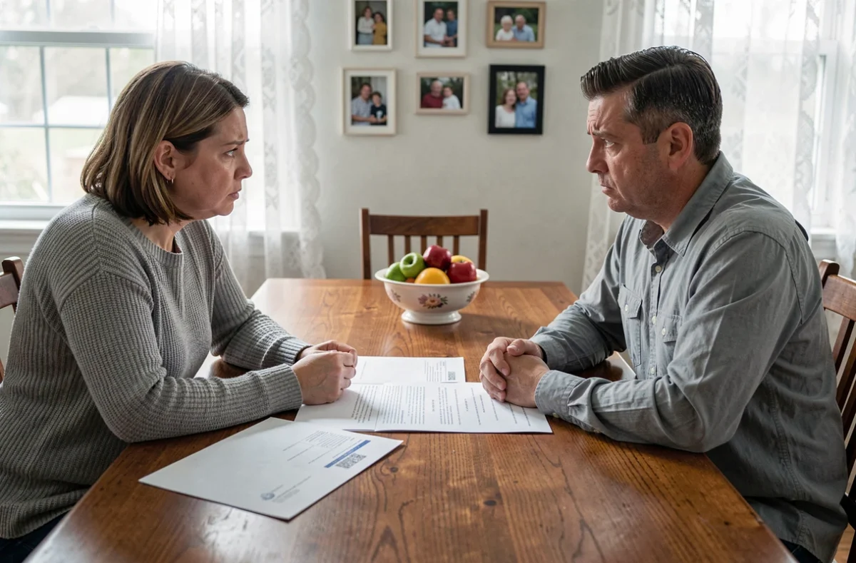 Frère et sœur en désaccord autour de documents d'héritage sur une table familiale
