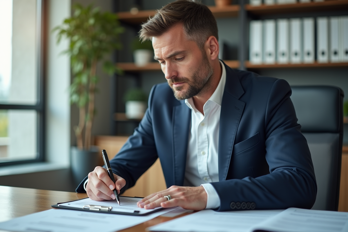 Homme d'affaires en costume bleu examine des documents dans un bureau moderne