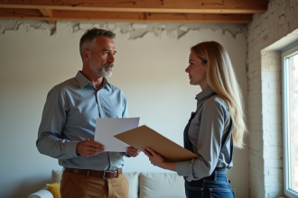Homme d'affaires discutant avec une entrepreneuse dans un salon moderne