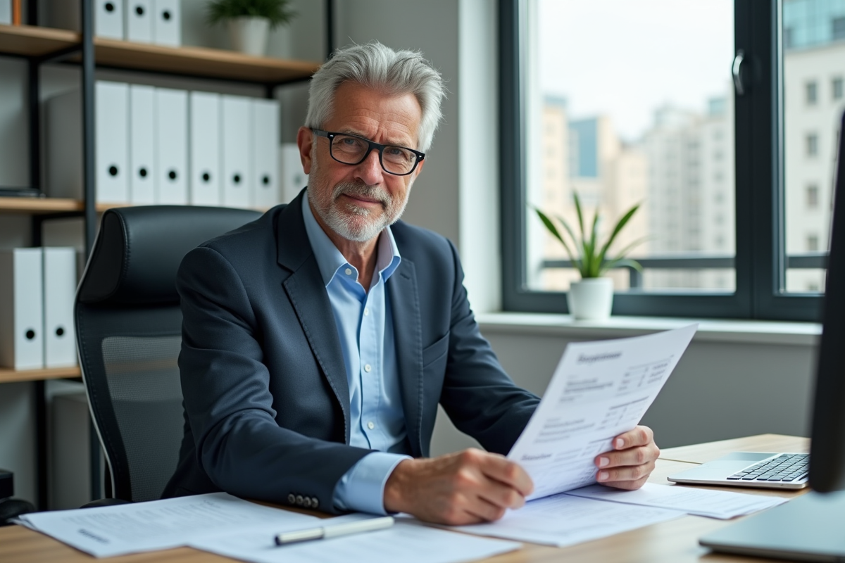 Homme en costume avec papiers et ordinateur dans un bureau professionnel