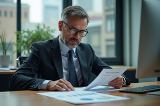 Homme d'affaires en costume examinant des documents d'investissement