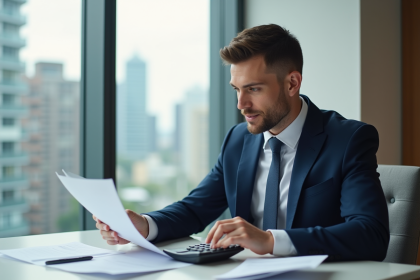 Homme d'affaires en costume bleu examine des documents de prêt immobilier