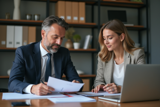 Homme d'affaires en réunion avec une jeune femme dans un bureau moderne