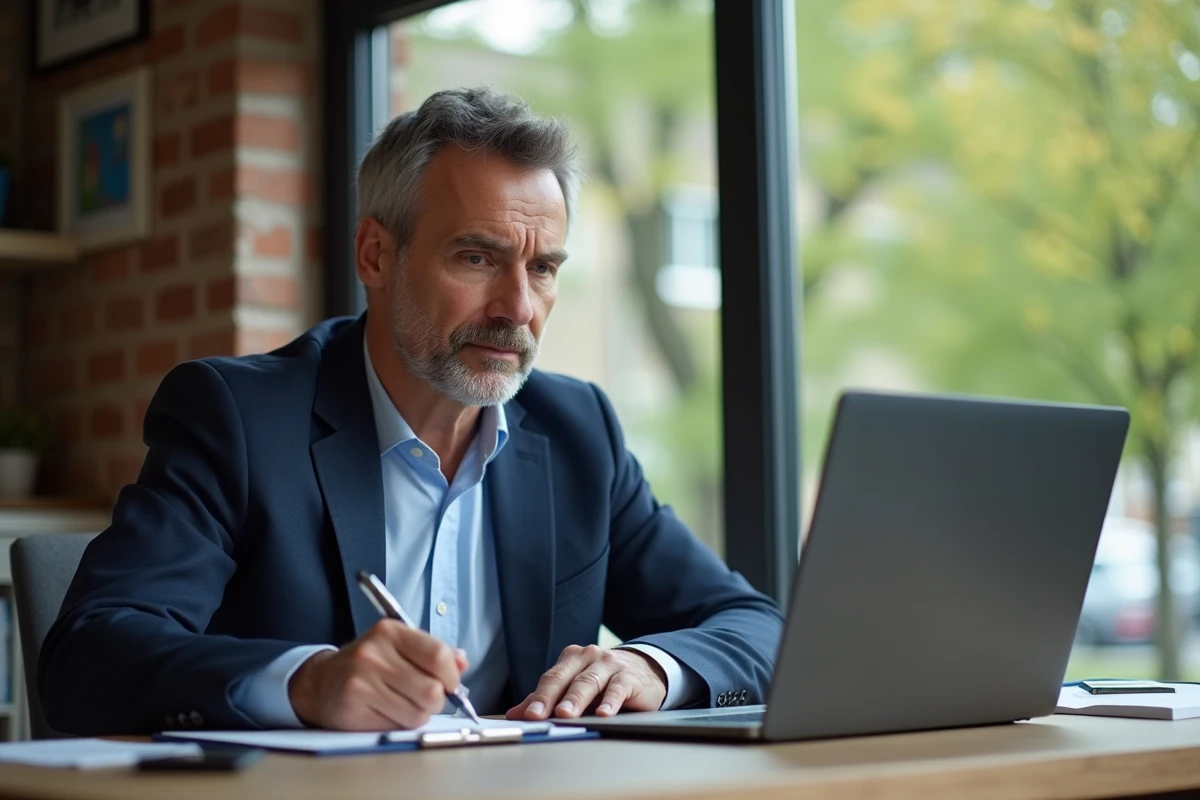 Homme d'âge moyen analysant des annonces immobilières dans un bureau
