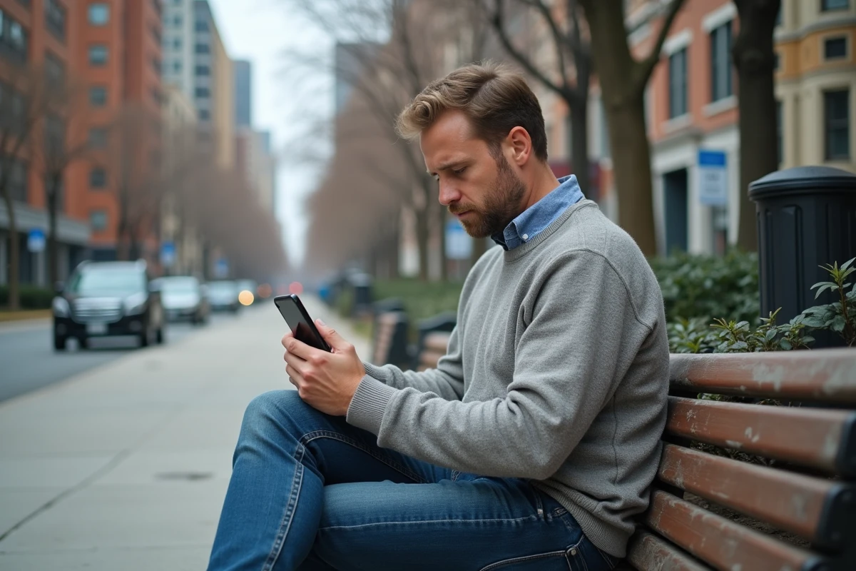 Homme assis en ville utilisant son smartphone pour louer