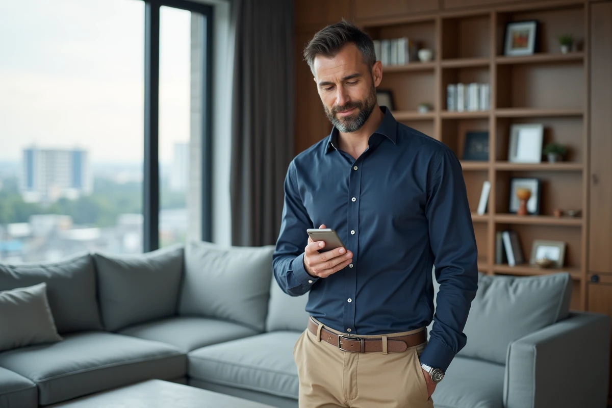 Homme consultant l'application MyFoncia sur smartphone dans un salon moderne avec vue urbaine