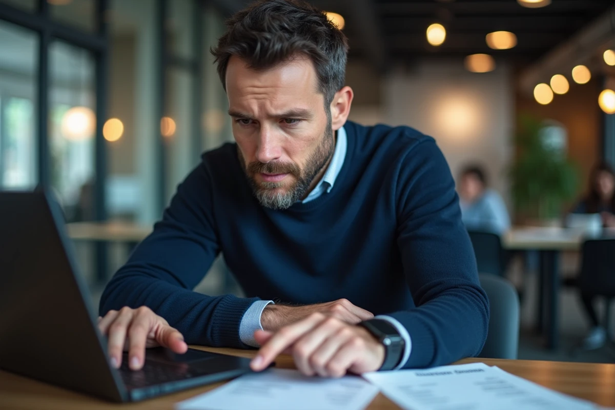 Homme comparant une facture LOC imprimée avec les conditions tarifaires affichées sur son ordinateur portable