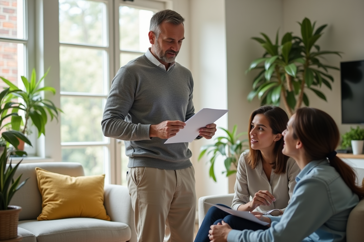 Homme en conseil location avec couple dans salon lumineux
