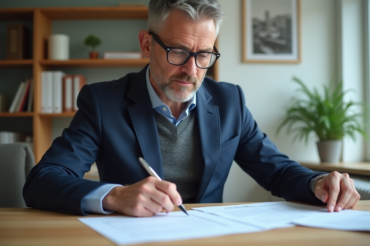 Homme d'âge moyen en costume bleu examinant des documents de location