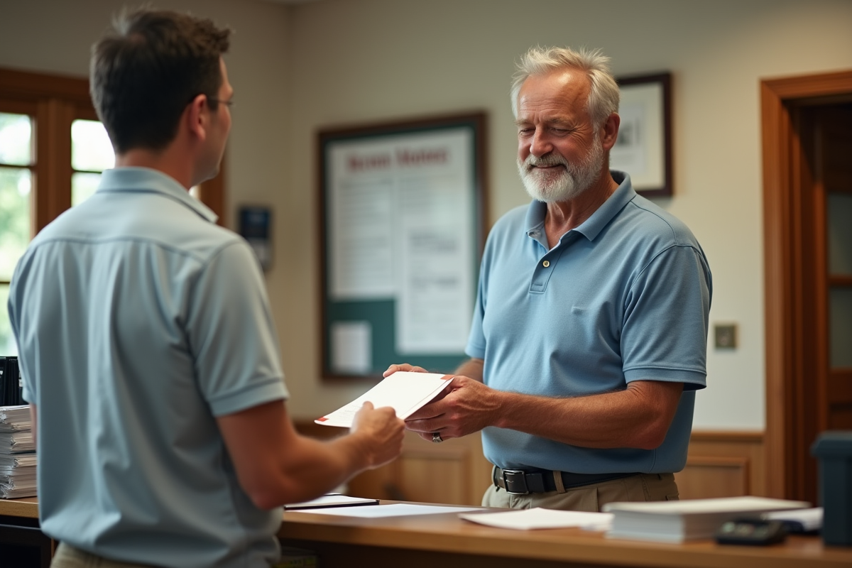 Homme remettant un document à un agent à la mairie