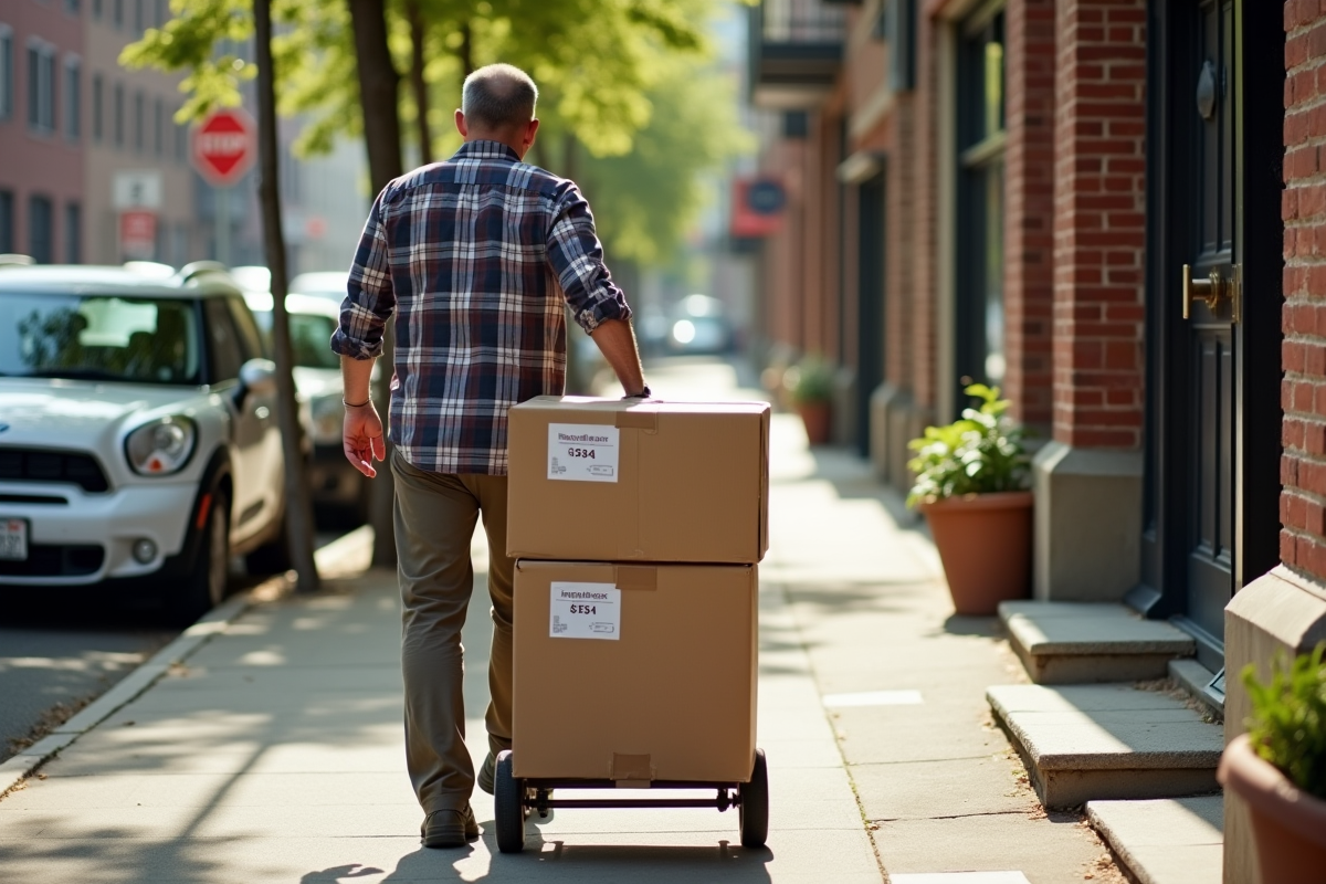 Homme poussant un chariot de caisses de déménagement dans la rue