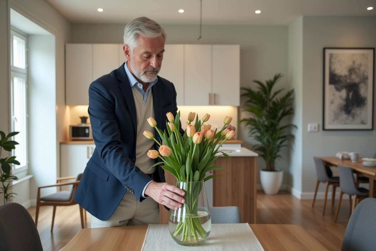 Homme d'âge moyen arrangeant des fleurs dans une salle moderne lumineuse