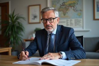 Homme d'affaires en costume bleu examine un catalogue immobilier