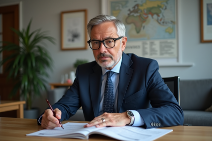 Homme d'affaires en costume bleu examine un catalogue immobilier