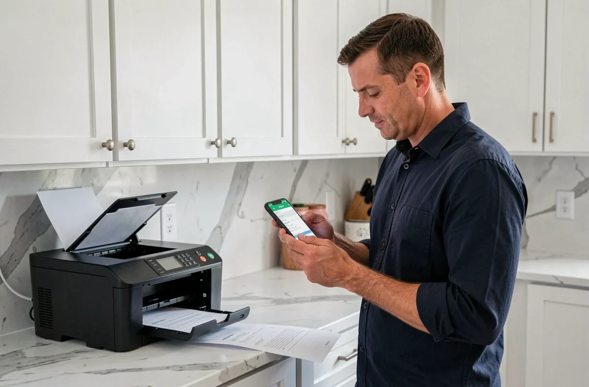 Homme imprimant un document locatif MyFoncia depuis son smartphone dans sa cuisine