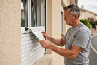 Homme inspectant un volet roulant cassé sur la façade d'une maison pavillonnaire