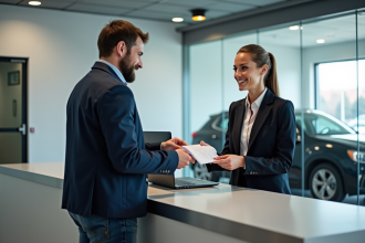 Homme en veste navy remet un document à une agente souriante