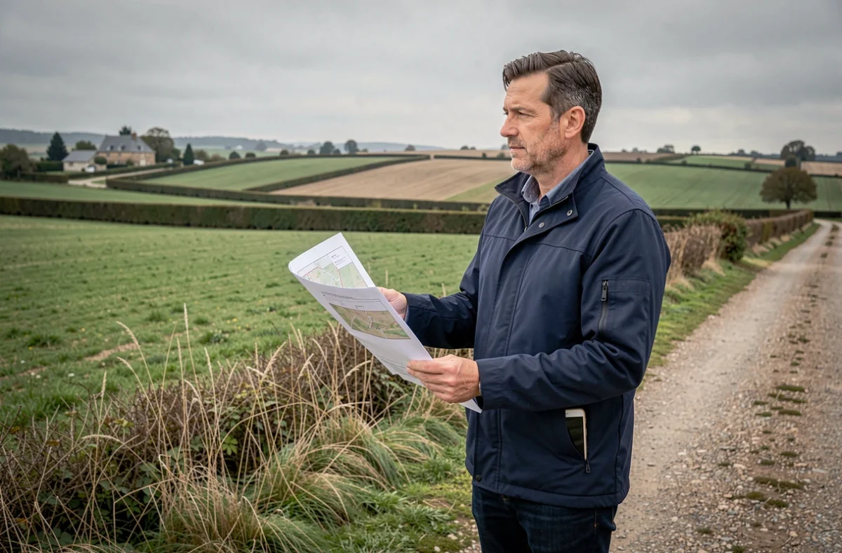 Homme tenant un plan de délimitation de parcelle en milieu rural pour retrouver le propriétaire d'un terrain agricole