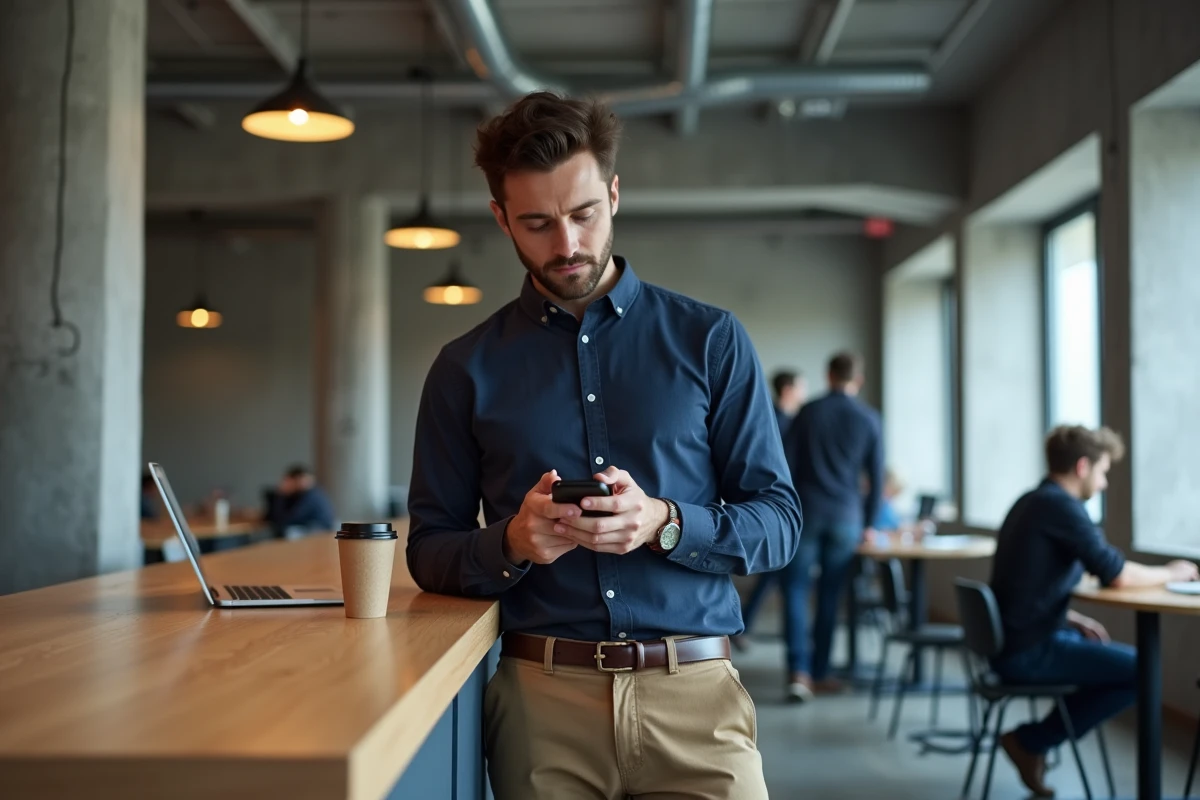 Homme consultant une plateforme d'annonces de location sur son smartphone dans un espace de coworking moderne