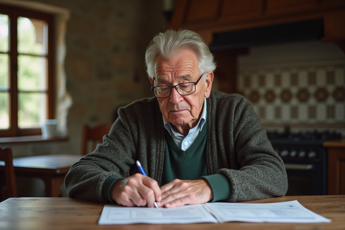 Homme senior examinant formulaires fiscaux à la maison