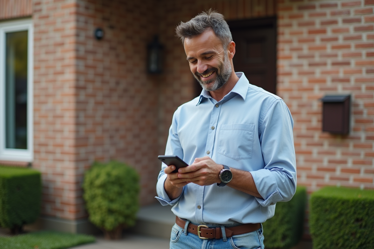 Homme souriant regardant son smartphone devant sa maison
