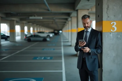 Homme d'affaires vérifiant son smartphone dans un parking souterrain
