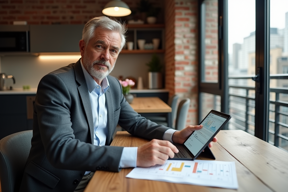 Homme d age moyen consulte un tableau immobilier à la maison
