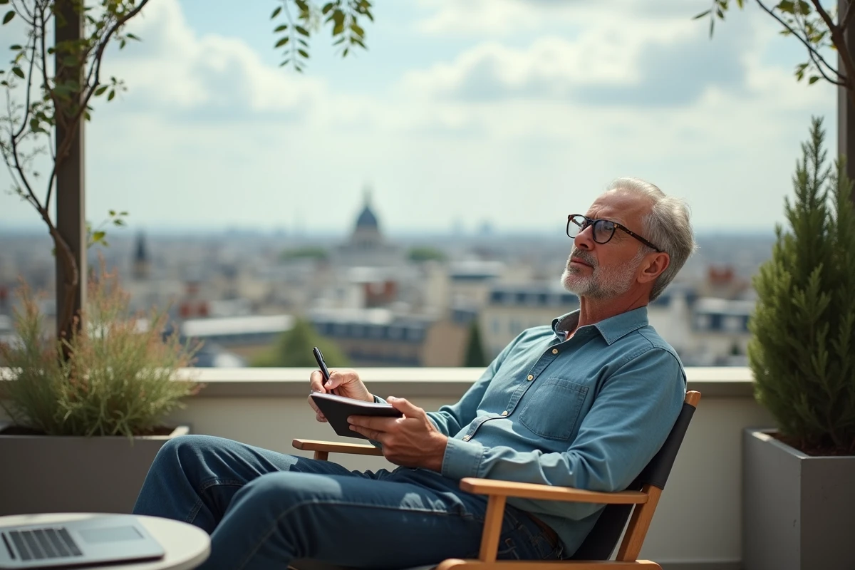 Homme en télétravail sur terrasse penthouse à Paris avec vue panoramique sur les toits et le Sacré-Cœur