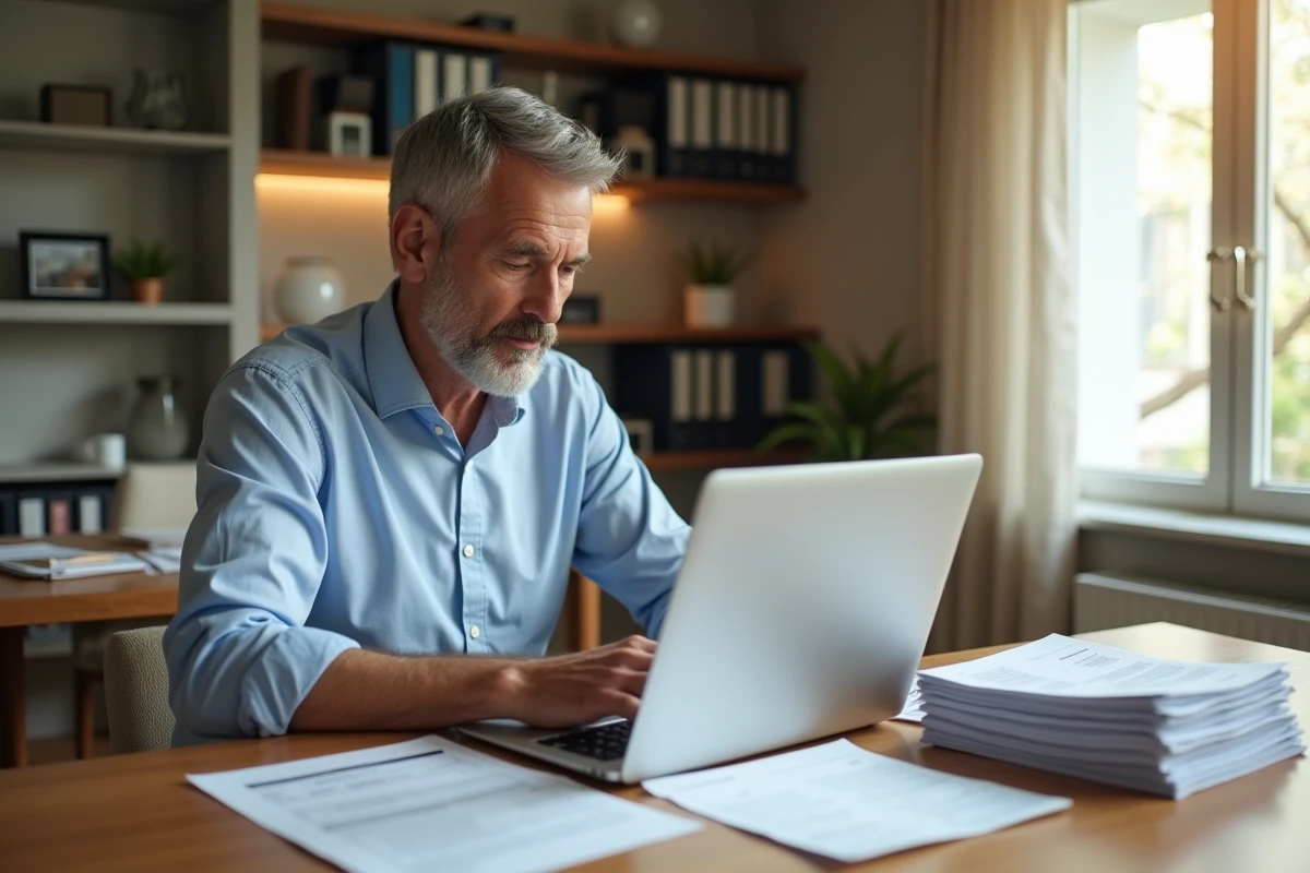 Homme d'âge moyen travaillant sur un ordinateur portable dans un intérieur moderne