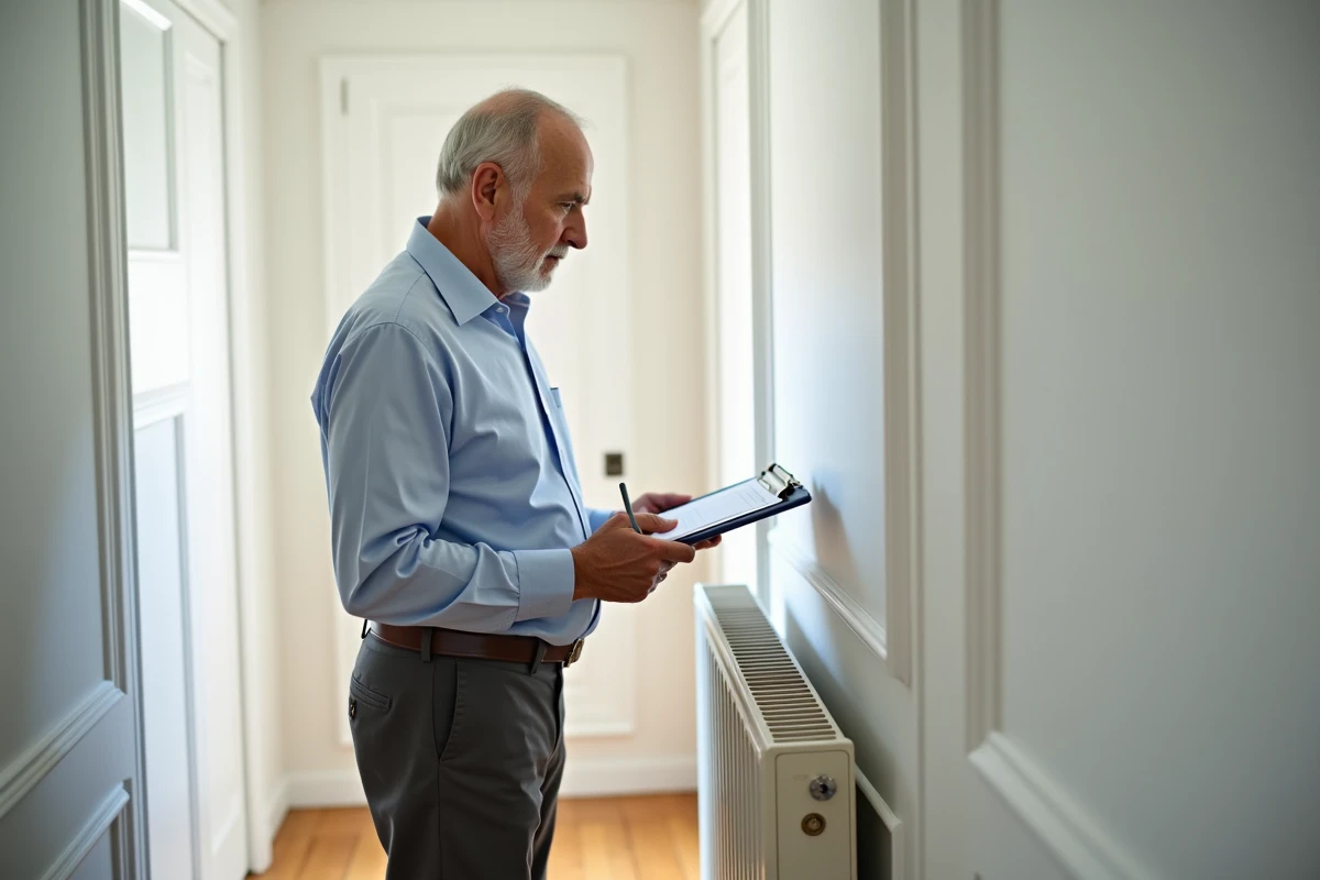 Homme vérifiant un radiateur dans un couloir résidentiel à Levallois