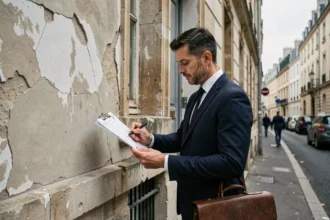 Huissier en costume sombre inspectant la façade d'un immeuble avant travaux et prenant des notes officielles
